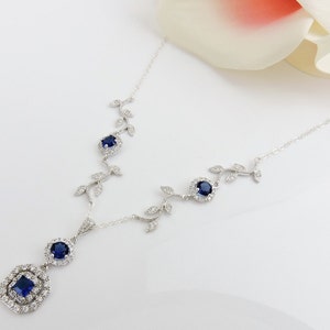 Sapphire CZ Vine And Square Drop Bridal Necklace Something Blue Bridal Necklace Sapphire Bridesmaid Necklace Art Nouveau