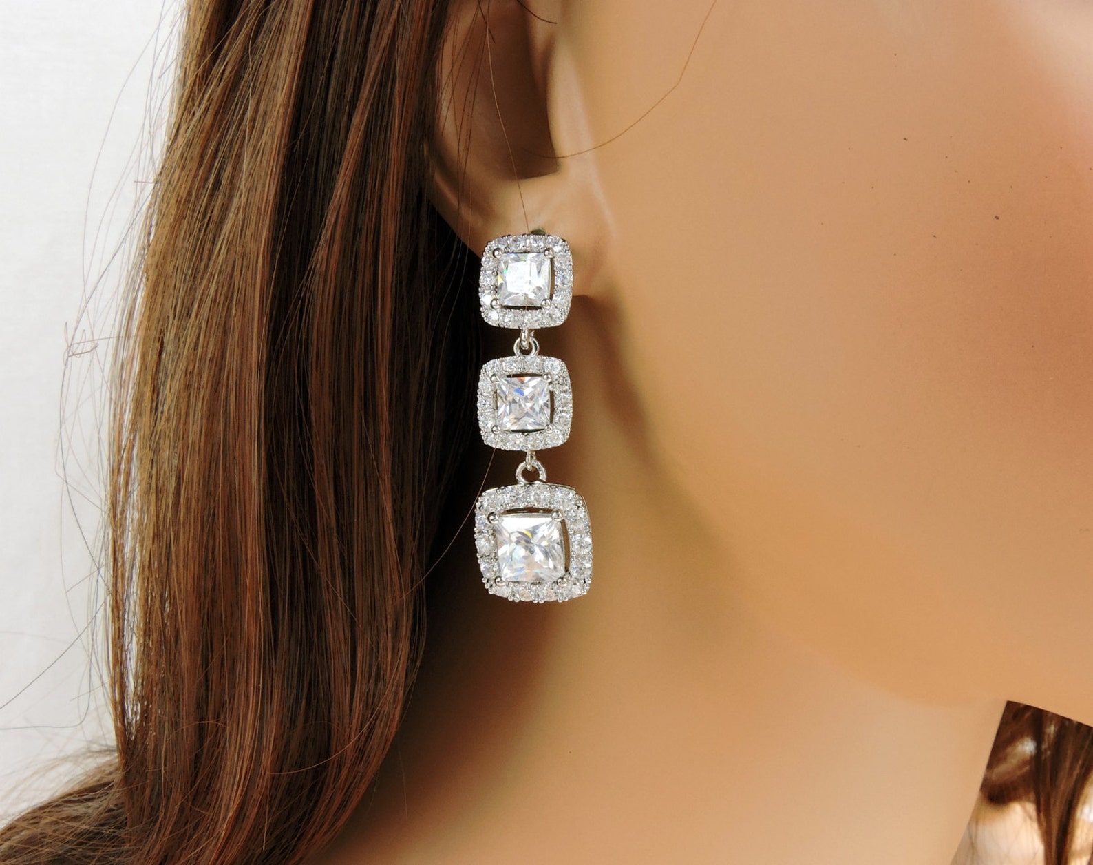 Long Princess Cut Cubic Zirconia Bridal Earrings Cushion Cut Etsy