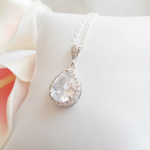 Cubic Zirconia Teardrop Halo Bridal Necklace Bridal Necklace CZ Teardrop Bridal Necklace Bridal Jewelry Bridesmaid Necklace