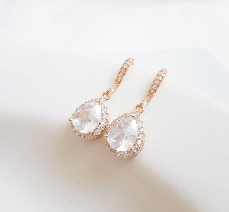 Rose Gold Cubic Zirconia Teardrop Bridal Earrings Pink Gold Etsy