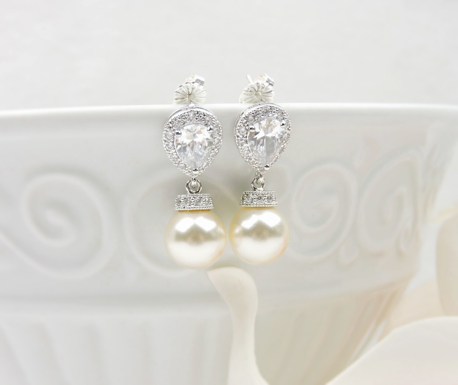 Swarovski Pearl and Cubic Zirconia Bridal Drop Earrings - Etsy