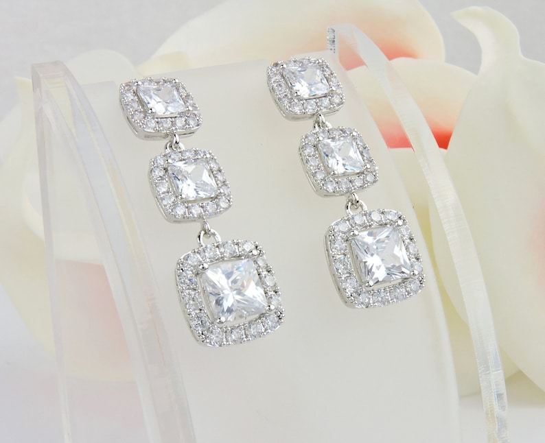 Long Princess Cut Cubic Zirconia Bridal Earrings Cushion Cut Etsy
