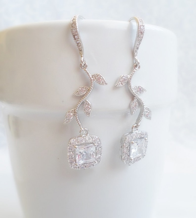 Cubic Zirconia Bridal Earrings CZ Branch And Cushion Cut Bridal Earrings Simulated Diamond Bridal Earrings Art Nouveau