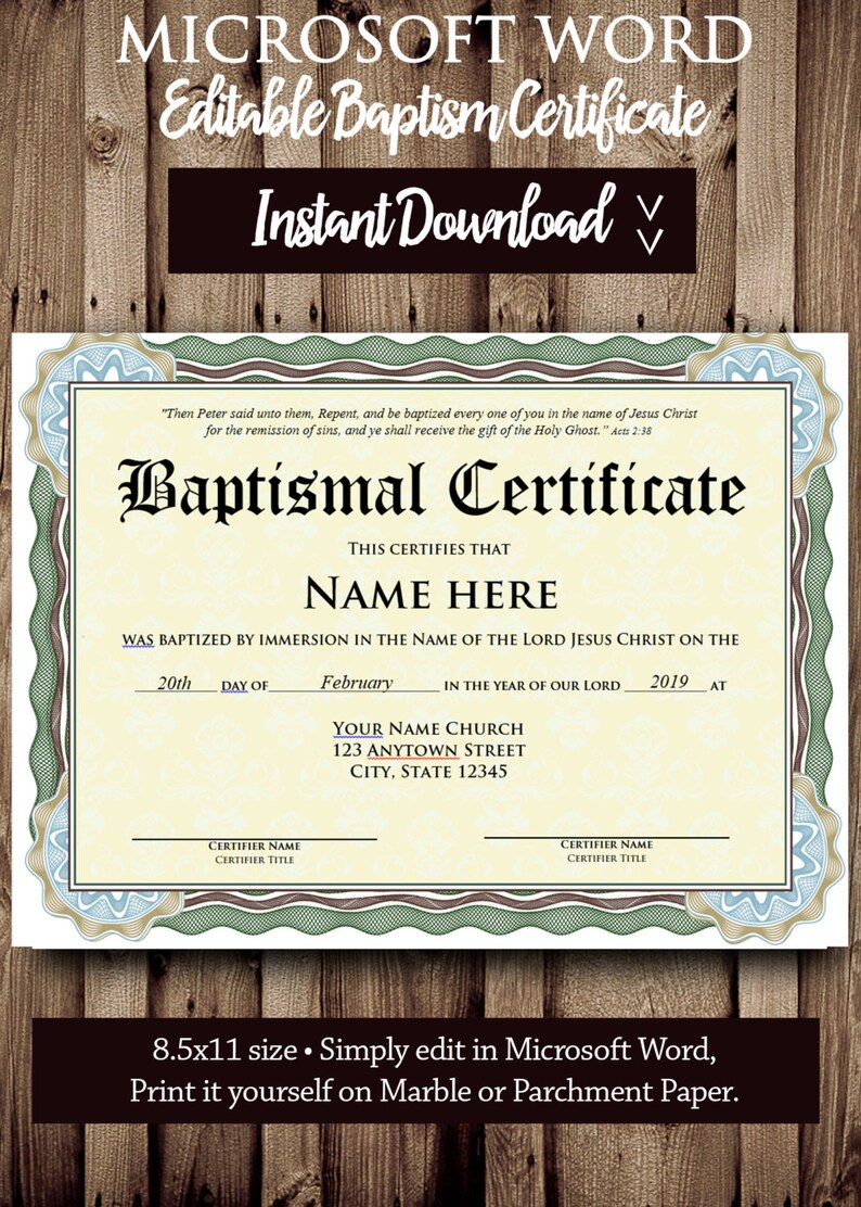 Baptism CERTIFICATE Template MICROSOFT WORD Editable File Etsy