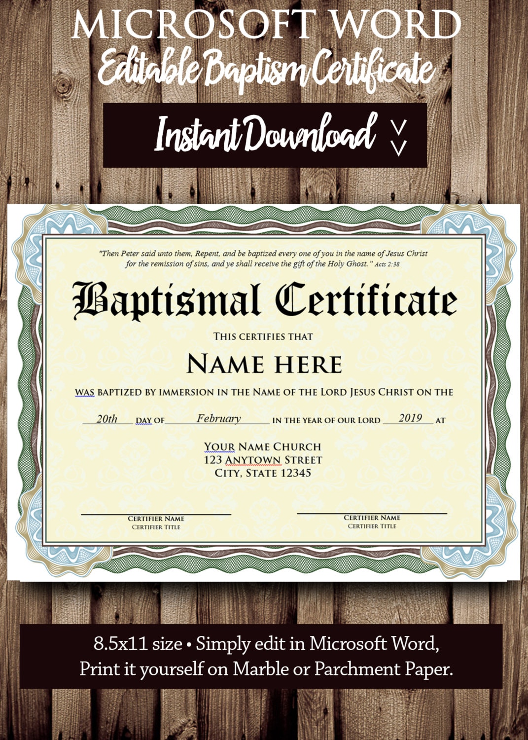 Baptism CERTIFICATE Template - MICROSOFT WORD Editable File - Printable  Certificate Template - Instant Download For Baptism Certificate Template Download