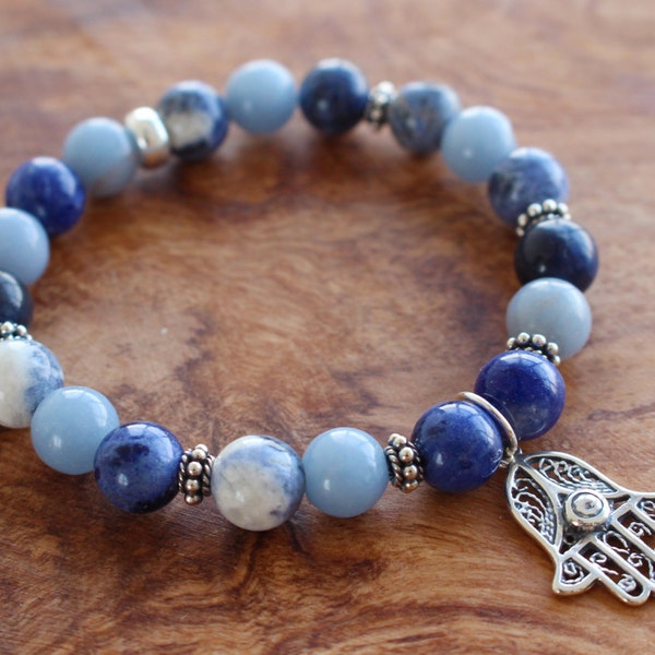 Sodalite & Angelite Gemstone Meditation Bracelet with sterling silver Hamsa charm / 8mm round beads.