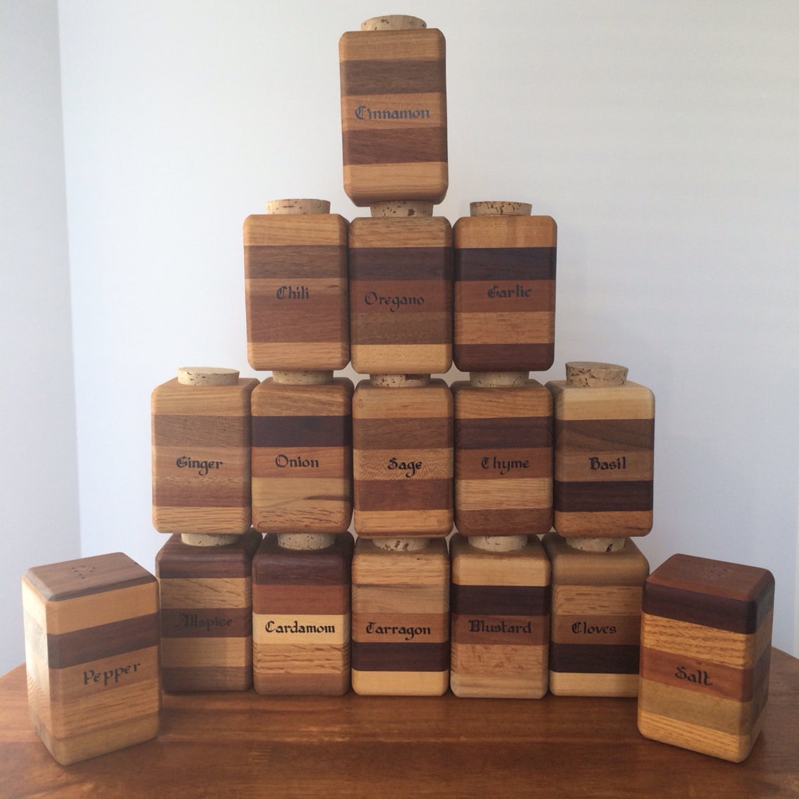 Layered Wood Spice Jars Cork Lid 14 Labeled Spice Jars with Etsy
