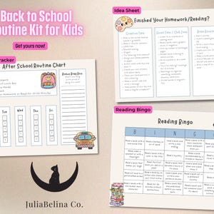 Könnte beinhalten: Ein Back-to-School-Routine-Kit für Kinder mit Checkliste und Tracker, einem Nach-der-Schule-Routine-Chart, einem Ideenblatt und einem Lese-Bingo-Spiel. Das Kit enthält farbenfrohe Illustrationen und den Text "Get yours now!"