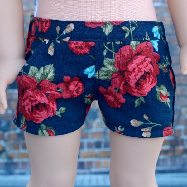 18 Inch Girl Doll Clothes | Navy Blue Rose Floral Lightweight SHORTS American Made