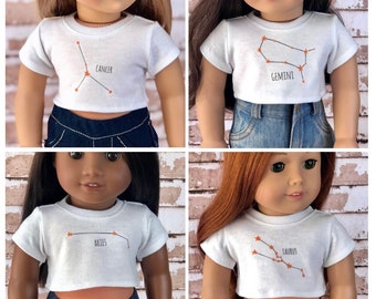 Wähle dein Sternzeichen Grafik Weiß Kurzarm T-Shirt Crop Birthday TOP T-Shirt für 18 Zoll Puppe wie AG