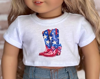 Camiseta de muñeca para muñecas de 18 pulgadas con gráfico de bandera estadounidense, top corto de verano para muñeca, botas de vaquero para muñeca, camiseta para muñeca, camiseta para muñeca
