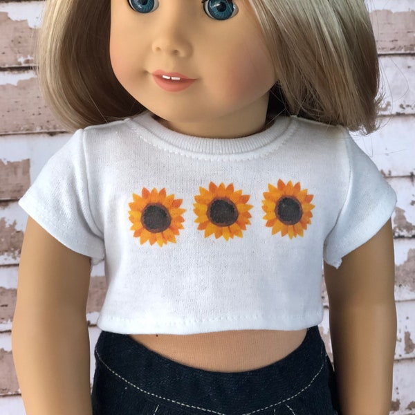 18 Inch Doll Clothes | Sunflower Graphic White Short Sleeve Tee Crop TOP T-Shirt Tshirt for 18 Inch Doll such as AG