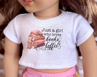 18 Inch Doll Clothes for Book lover and Coffee Graphic White Short Sleeve Tee Crop TOP T-Shirt Tshirt for American our generation outfits