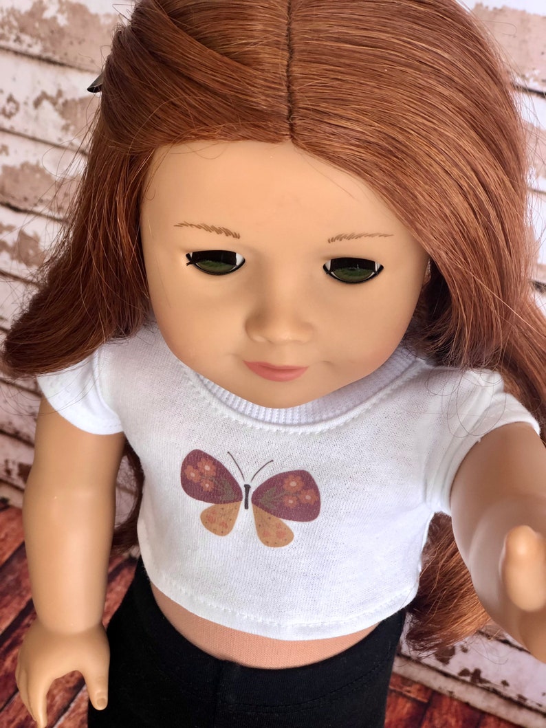 18 Inch Doll Clothes Butterfly Graphic White Short Sleeve Tee Crop TOP T-Shirt Tshirt for 18 Inch Doll such as AG with Matching Sticker image 6