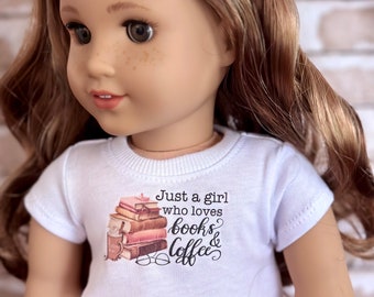 18 Inch Doll Clothes | Books and Coffee Graphic White Short Sleeve Tee Crop TOP T-Shirt Tshirt for 18 Inch Doll such as AG