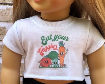 18 Inch Doll Clothes | Eat Your Veggies Cartoon Graphic White Short Sleeve Tee Crop TOP T-Shirt Tshirt for 18 Inch Doll such as AG