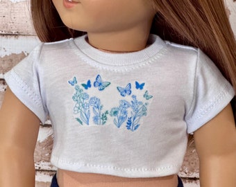 18 Inch Doll Clothes | Butterfly Graphic White Short Sleeve Tee Crop TOP T-Shirt Tshirt for 18 Inch Doll such as AG