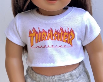 18 Inch Doll Clothes | Thrasher Graphic White Short Sleeve Tee Crop TOP T-Shirt Tshirt for 18 Inch Doll such as AG