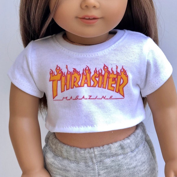 18 Inch Doll Clothes | Thrasher Graphic White Short Sleeve Tee Crop TOP T-Shirt Tshirt for 18 Inch Doll such as AG