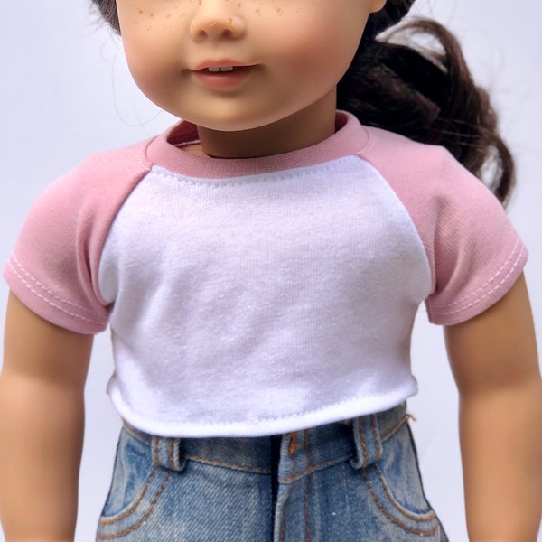 18 Inch Doll Clothes | Pink Short Sleeve Crop BASEBALL TEE for 18" Doll American Made