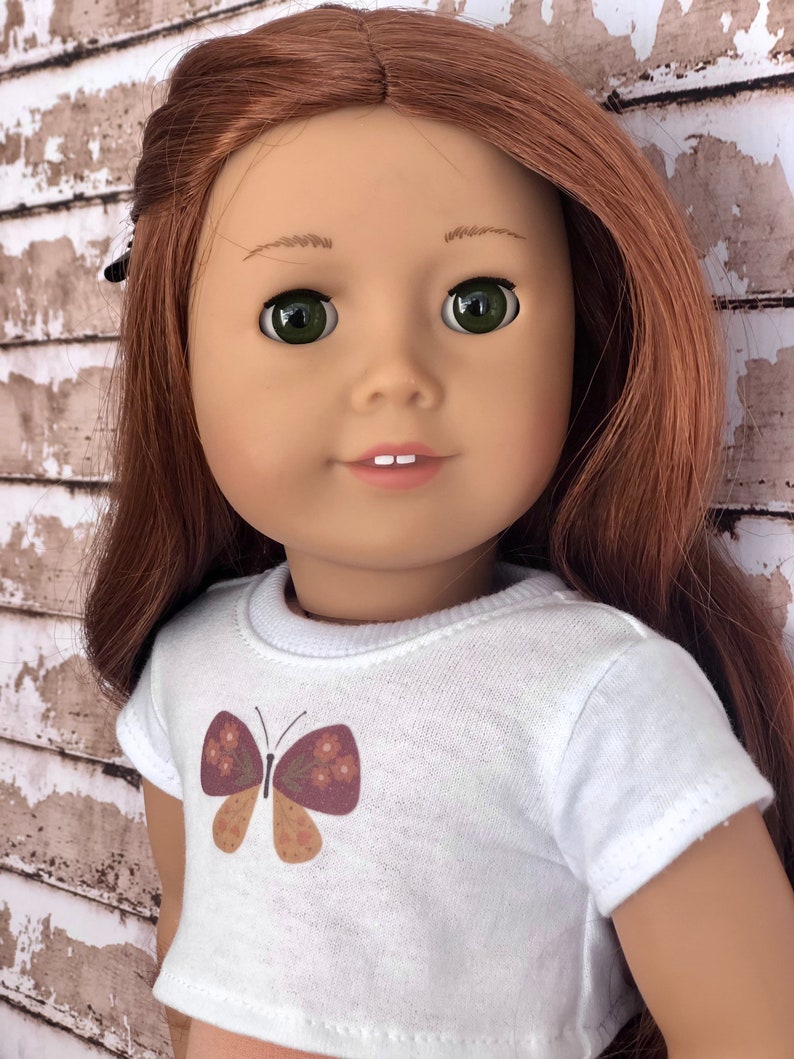 18 Inch Doll Clothes Butterfly Graphic White Short Sleeve Tee Crop TOP T-Shirt Tshirt for 18 Inch Doll such as AG with Matching Sticker image 5