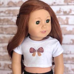 18 Inch Doll Clothes Butterfly Graphic White Short Sleeve Tee Crop TOP T-Shirt Tshirt for 18 Inch Doll such as AG with Matching Sticker image 3