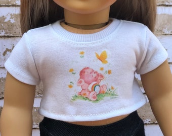 18 Inch Doll Clothes | Pink Rainbow Bear Graphic White Short Sleeve Tee Crop TOP T-Shirt Tshirt for 18 Inch Doll such as AG