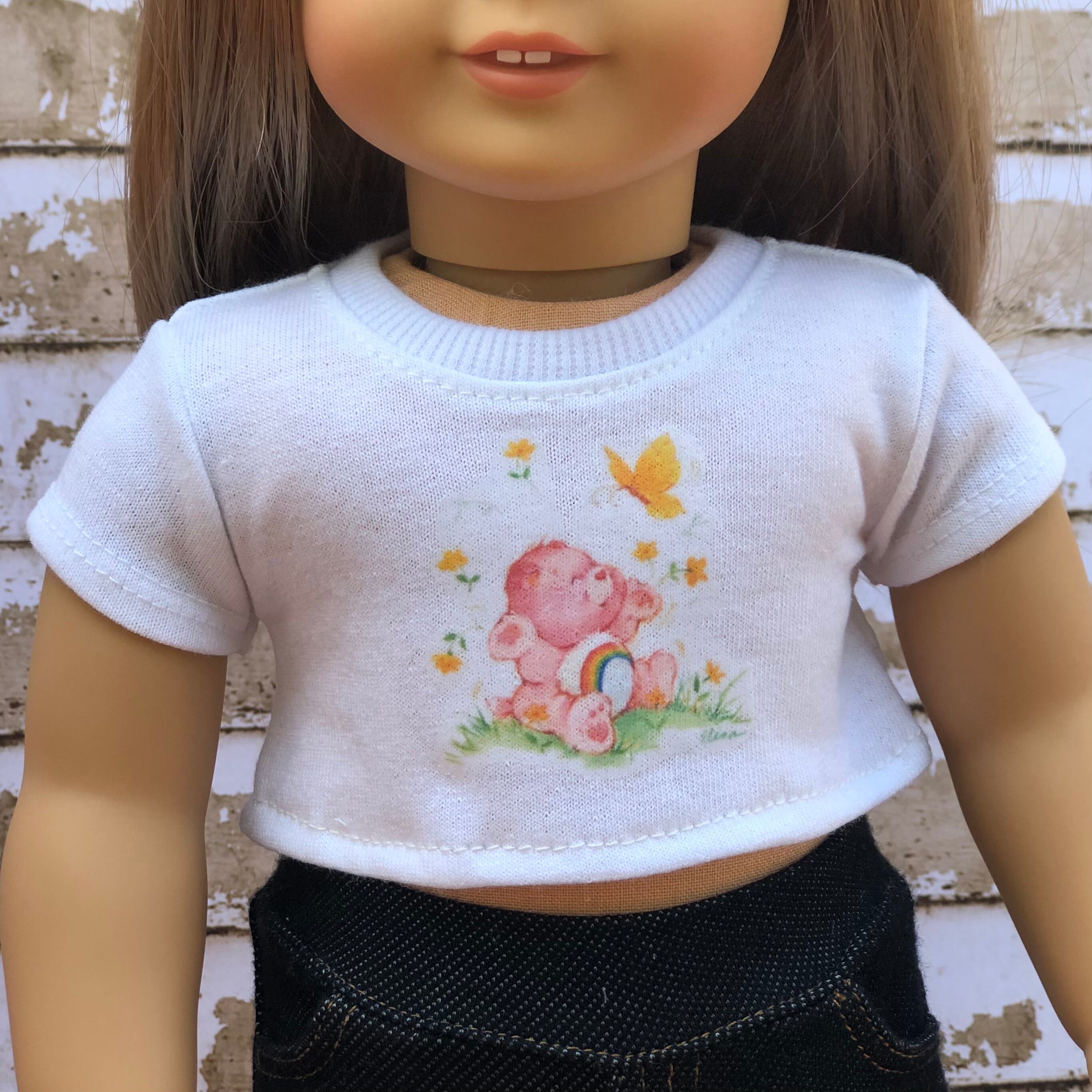 18 Inch Doll Clothes Pink Rainbow Bear Graphic White Short
