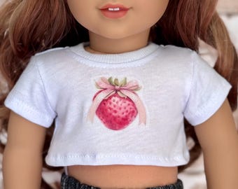 Strawberry with bow 18 Inch Doll Tee Strawberries Graphic Doll Tee Berry Doll Crop TOP Doll Bow Doll T-Shirt Doll Tshirt for 18 Inch