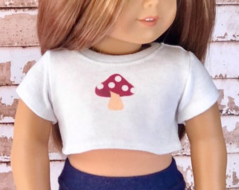 18 Inch Doll Clothes | Cute Red White Dot Mushroom Graphic White Short Sleeve Tee Crop TOP T-Shirt Tshirt for 18 Inch Doll such as AG