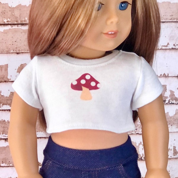 18 Inch Doll Clothes | Cute Red White Dot Mushroom Graphic White Short Sleeve Tee Crop TOP T-Shirt Tshirt for 18 Inch Doll such as AG