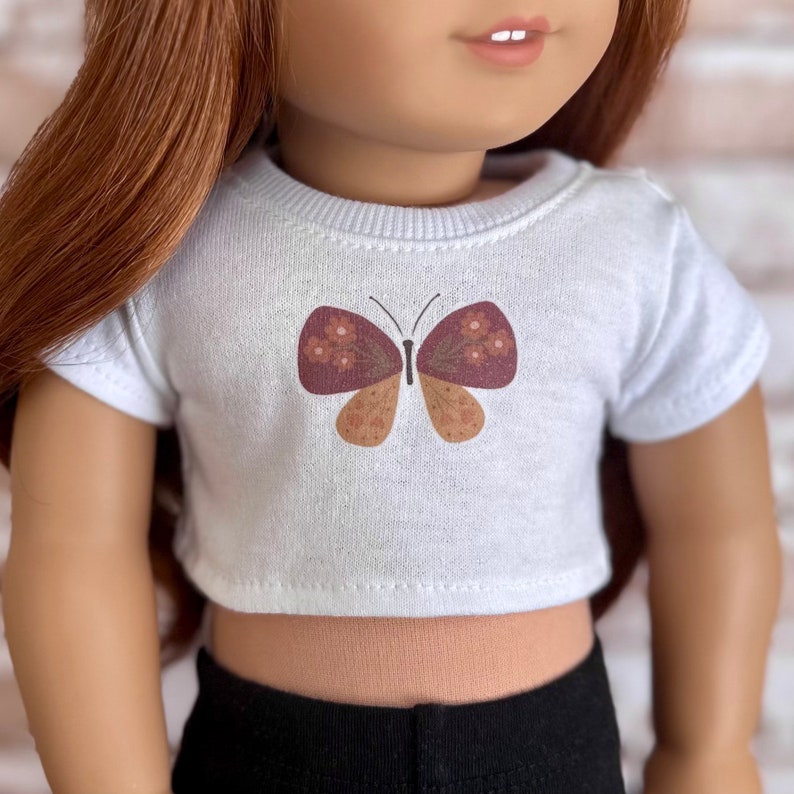 18 Inch Doll Clothes Butterfly Graphic White Short Sleeve Tee Crop TOP T-Shirt Tshirt for 18 Inch Doll such as AG with Matching Sticker image 1