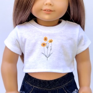 18 Inch Doll Clothes Yellow Flower Graphic White Short Sleeve Tee Crop TOP T-Shirt Tshirt for 18 Inch Doll such as AG