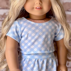 18 Inch Doll Crop Top for Doll Pastel Light Blue Gingham Check Doll Tee with Cropped Shirt for Summer Doll Outfit Matching Skirt