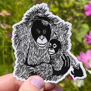 Pegatina de orangután / Pegatina de vinilo impermeable / Orangutanes mamá y bebé