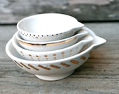 Real Gold Measuring Cup Set of Four - Winter White and Gold Pottery - Nesting Kitchen Gift - Hand Painted Prep Bowls - Made To Order