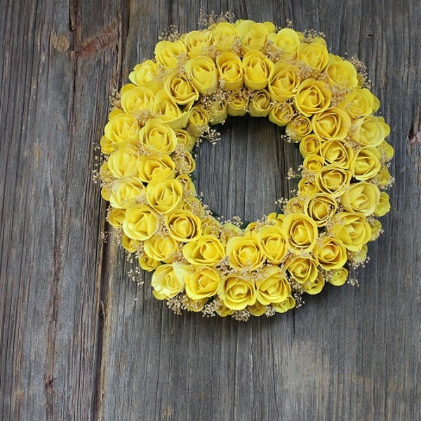 Handcrafted 12" Wood Rose Wreath With Half Open Roses And Buds Yellow