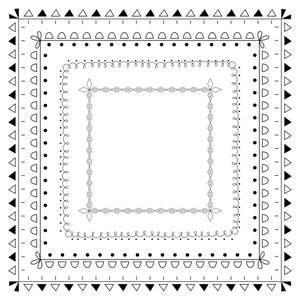 May include: A black and white decorative frame with multiple borders. The frame is made up of various geometric shapes, including triangles, circles, and diamonds.