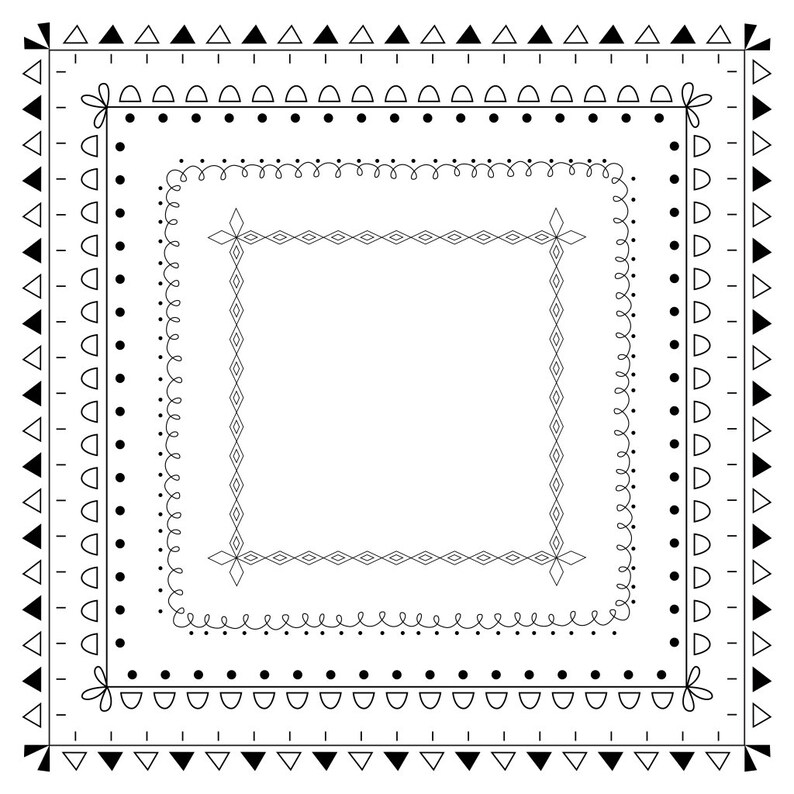 May include: A black and white decorative frame with multiple borders. The frame is made up of various geometric shapes, including triangles, circles, and diamonds.