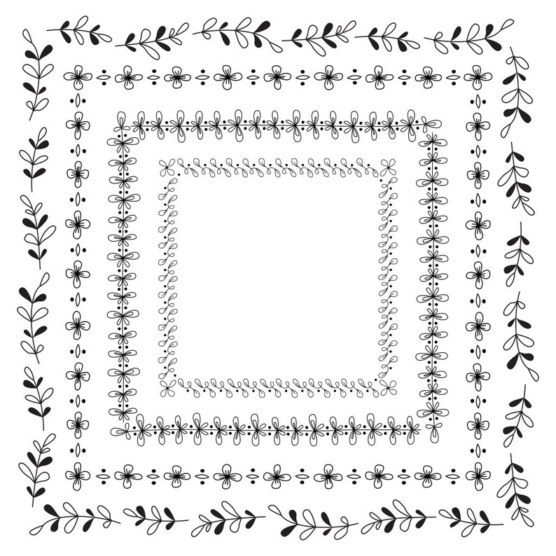 May include: A set of four black and white floral borders, perfect for adding a touch of elegance to your designs. The borders feature a variety of floral motifs, including leaves, flowers, and dots.
