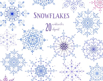 20 Acuarela decorativa pintada a mano Copos de nieve, clipart, navidad, vacaciones, invitación, invierno, png, arte lindo, imágenes digitales - WS005