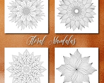 Páginas para colorear florales para adultos, 8 páginas para colorear imprimibles, Descarga instantánea, PDF Páginas para colorear para adultos Mandala Páginas para colorear, CB003