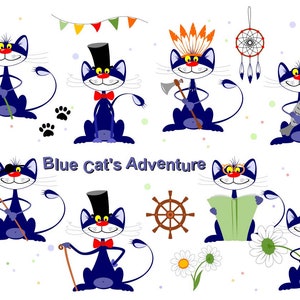 Funny cartoon cat’s Adventure pour carte de voeux, carte numérique, clip art, scrapbooking, vecteur, téléchargement instantané, png, eps,VC013