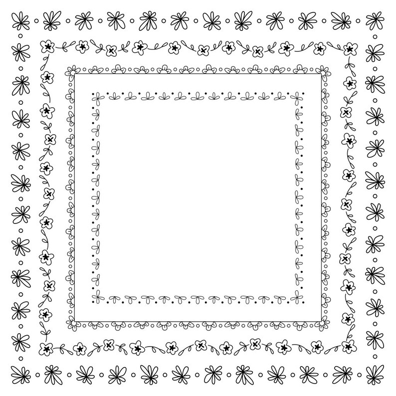 May include: A set of four black and white floral borders. The borders are made up of simple, hand-drawn flowers and leaves. The borders are perfect for adding a touch of whimsy to any project.