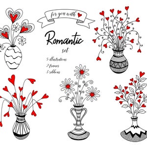 Conjunto romântico com corações e flores em vasos, cartão digital, clipart, para impressão, vetor, download instantâneo, ilustração, VS006