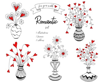 Conjunto romántico con corazones y flores en jarrones, tarjeta digital, clipart, imprimible, vector, descarga instantánea, ilustración, VS006