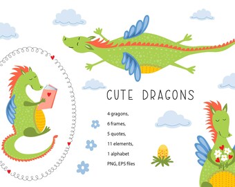 Funny Cute Dragons clip art Set , marcos redondos, tarjeta de felicitación, tarjeta digital, imágenes prediseñadas, imprimible, vector, logotipo, VS030