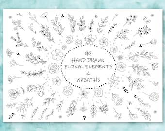 Elementos florales dibujados a mano y coronas, tarjeta de felicitación, tarjeta digital, imágenes prediseñadas, imprimible, vector, png, monogram.imágenes digitales
