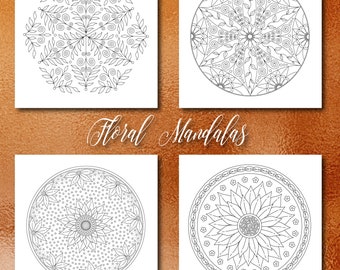 Páginas para colorear florales para adultos, 8 páginas para colorear imprimibles, Descarga instantánea, PDF Páginas para colorear para adultos Mandala Páginas para colorear, CB005