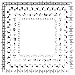 May include: Black and white decorative border with a variety of patterns, including hearts, circles, squares, and stars.
